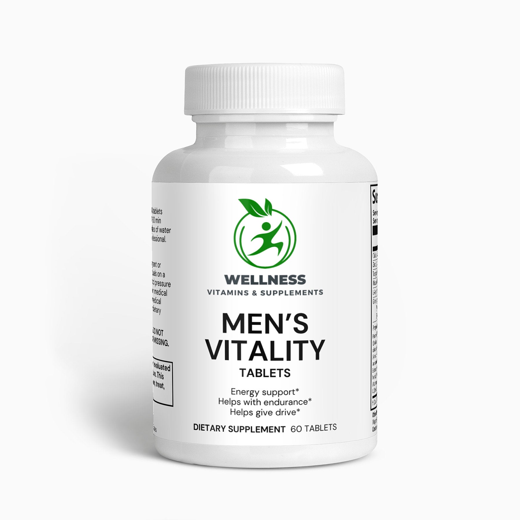 A bottle of Men’s Vitality capsules next to fresh herbal ingredients, emphasizing its energy-boosting and stamina-enhancing benefits.