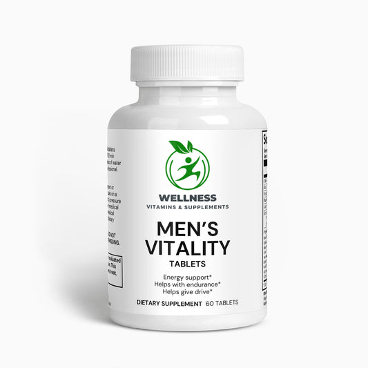 A bottle of Men’s Vitality capsules next to fresh herbal ingredients, emphasizing its energy-boosting and stamina-enhancing benefits.