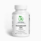 A bottle of Mushroom Complex 10X capsules next to a mix of dried medicinal mushrooms, highlighting its immune-boosting and cognitive-enhancing benefits.