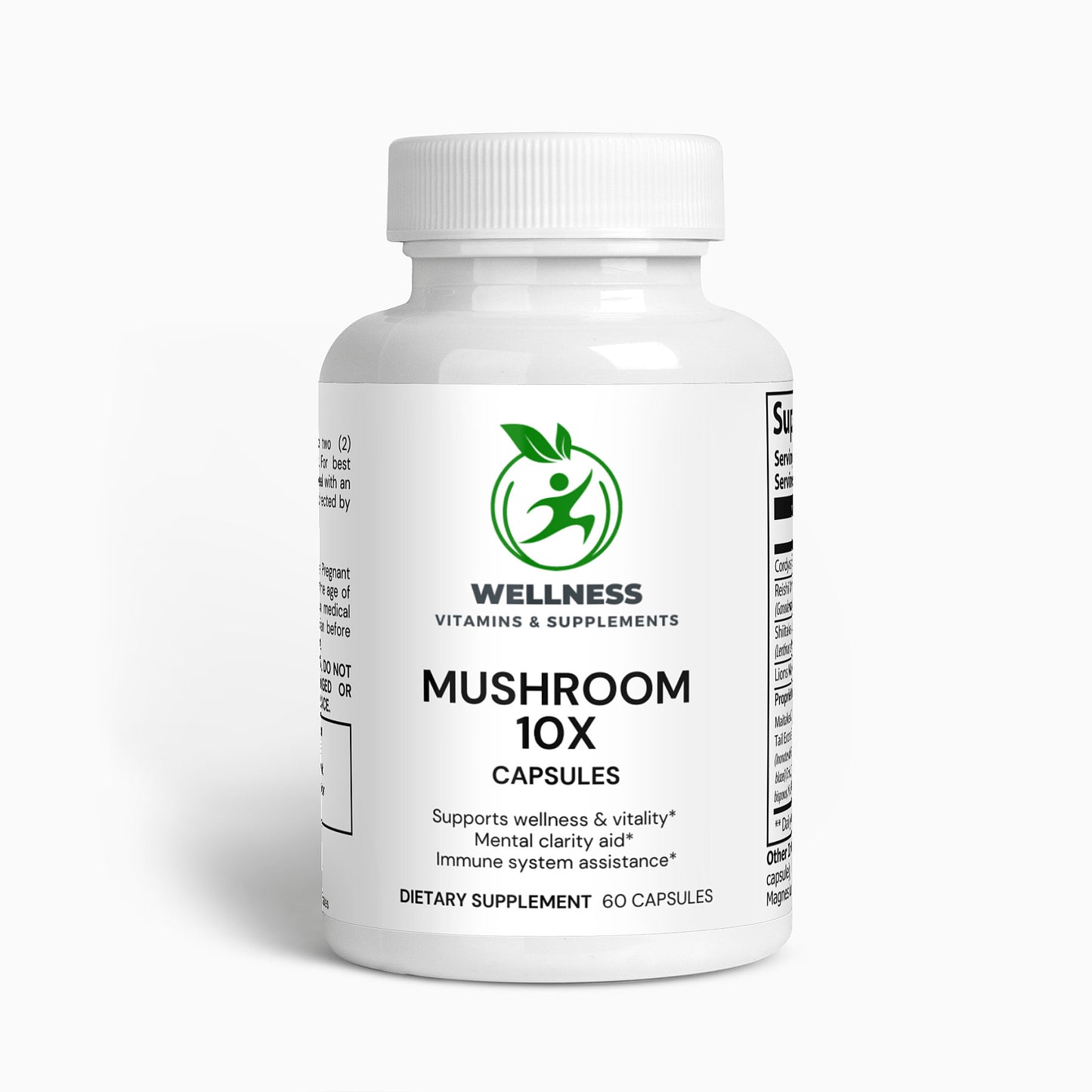 A bottle of Mushroom Complex 10X capsules next to a mix of dried medicinal mushrooms, highlighting its immune-boosting and cognitive-enhancing benefits.