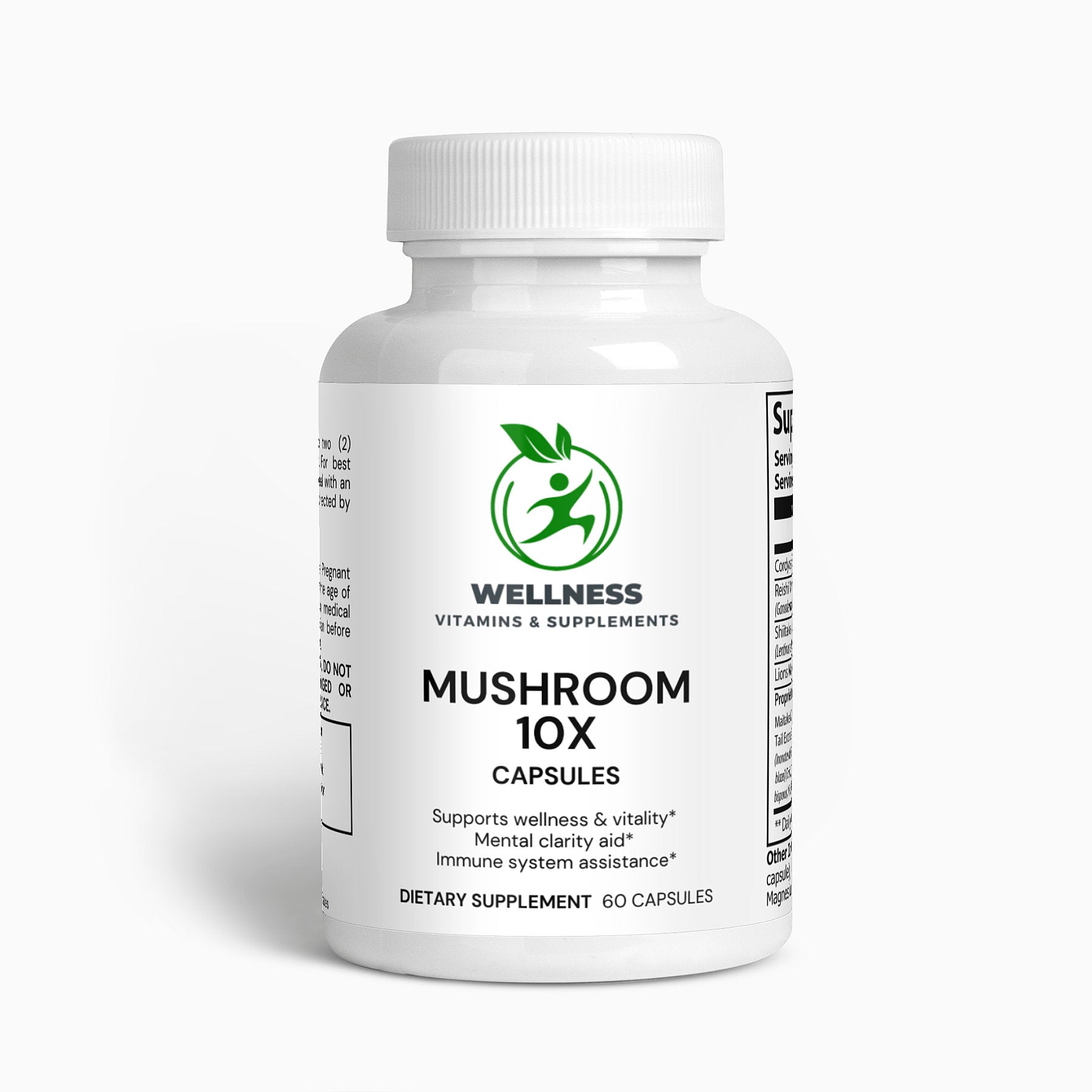 A bottle of Mushroom Complex 10X capsules next to a mix of dried medicinal mushrooms, highlighting its immune-boosting and cognitive-enhancing benefits.