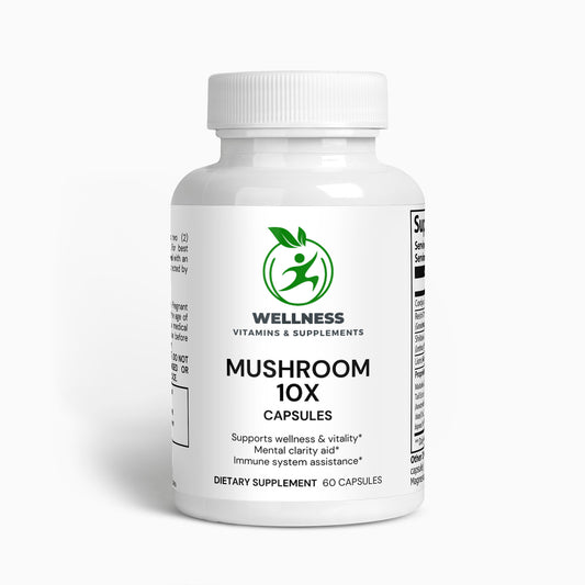 A bottle of Mushroom Complex 10X capsules next to a mix of dried medicinal mushrooms, highlighting its immune-boosting and cognitive-enhancing benefits.