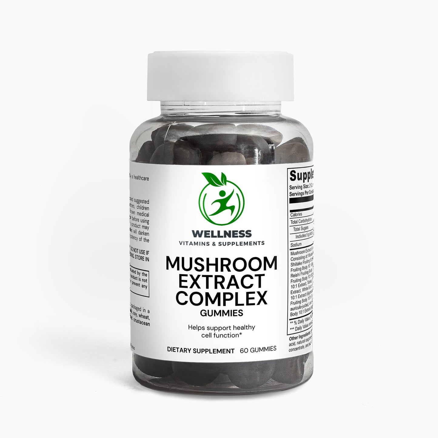 A bottle of Mushroom Extract Complex capsules next to dried medicinal mushrooms, emphasizing its immune-boosting and cognitive health benefits.

