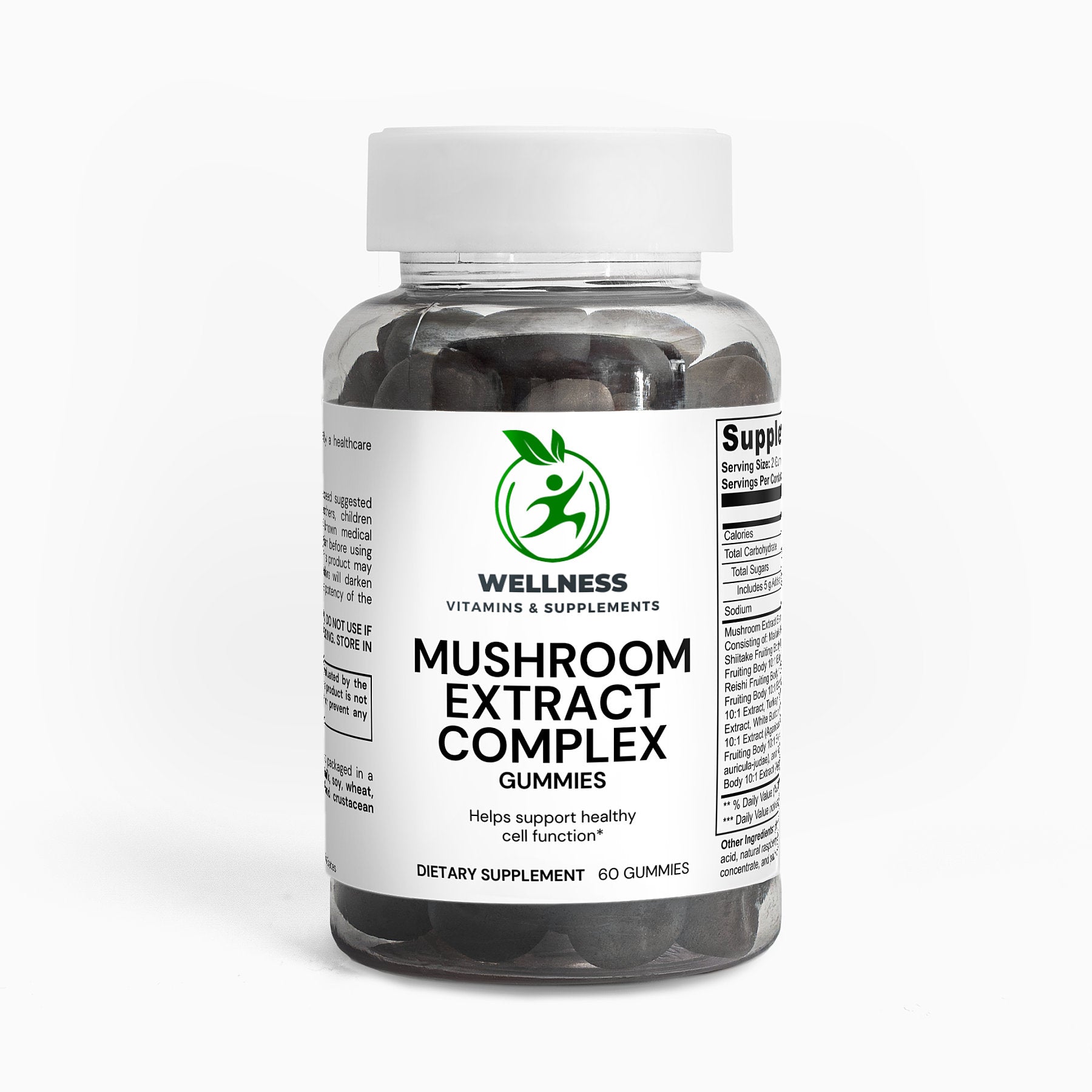A bottle of Mushroom Extract Complex capsules next to dried medicinal mushrooms, emphasizing its immune-boosting and cognitive health benefits.

