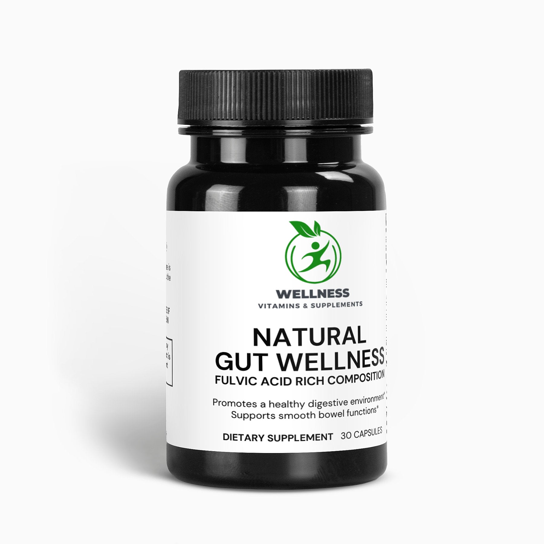 A bottle of Natural Gut Wellness Capsules next to probiotic-rich foods, emphasizing its digestive and gut health benefits.

