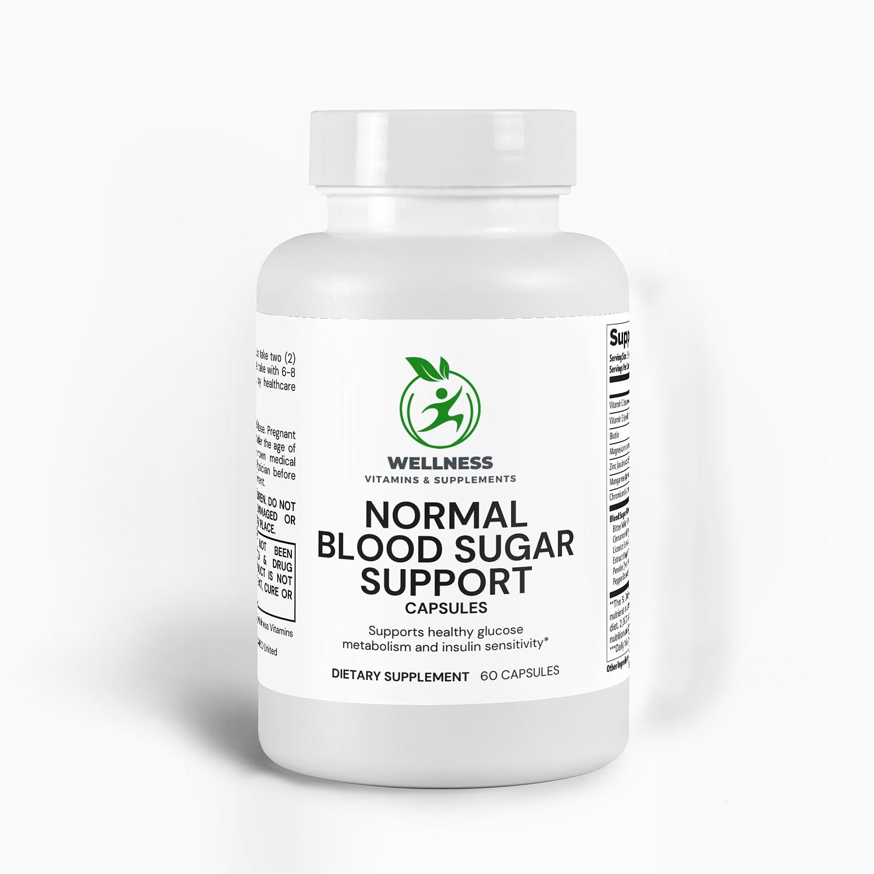 A bottle of Normal Blood Sugar Support capsules next to a healthy meal, emphasizing natural blood sugar balance and wellness.

