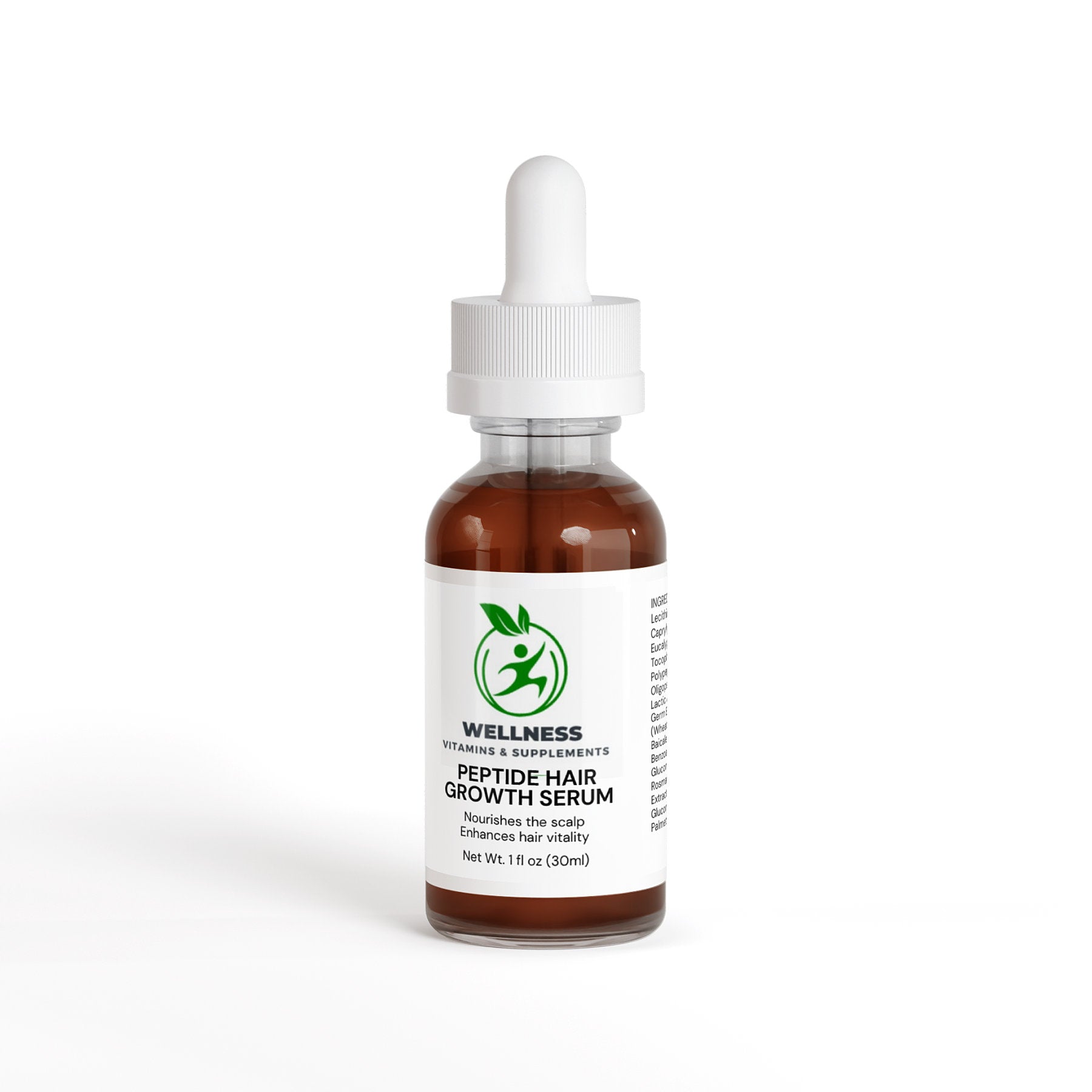 A bottle of Peptide Hair Growth Serum with a dropper, designed to promote hair growth and reduce thinning.