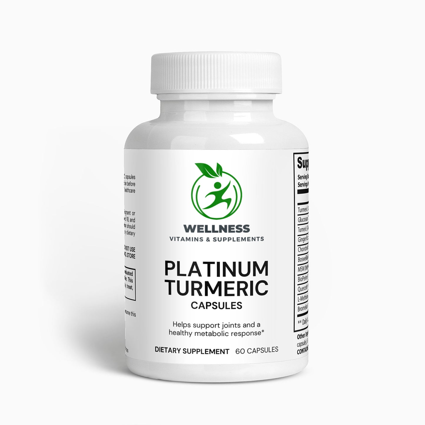 A bottle of Platinum Turmeric capsules next to fresh turmeric roots, emphasizing its anti-inflammatory and joint support benefits.

