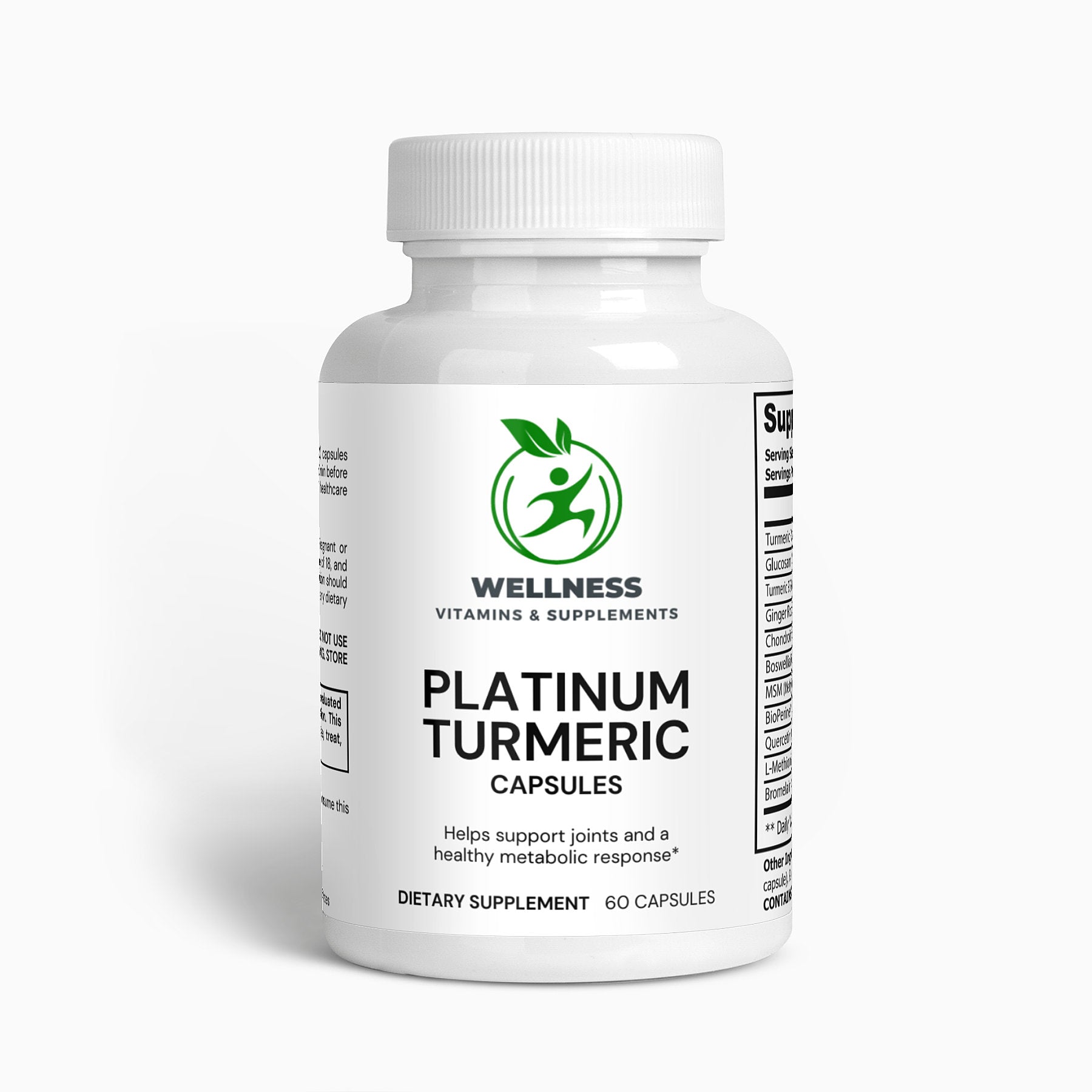 A bottle of Platinum Turmeric capsules next to fresh turmeric roots, emphasizing its anti-inflammatory and joint support benefits.

