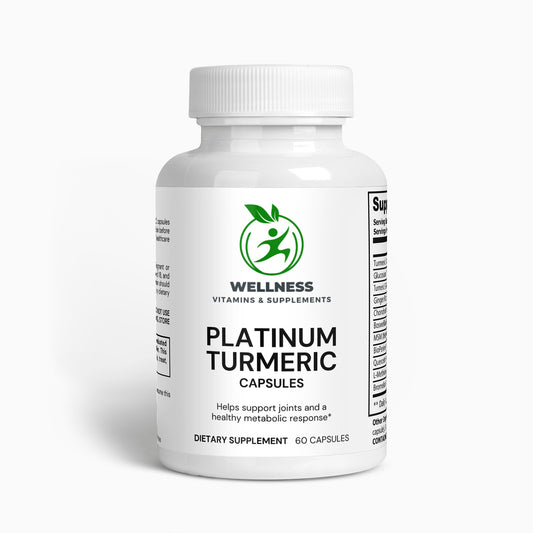 A bottle of Platinum Turmeric capsules next to fresh turmeric roots, emphasizing its anti-inflammatory and joint support benefits.

