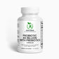 A bottle of Probiotic 40 Billion with Prebiotics capsules next to fresh yogurt and a gut health diagram, highlighting digestive and immune benefits.

