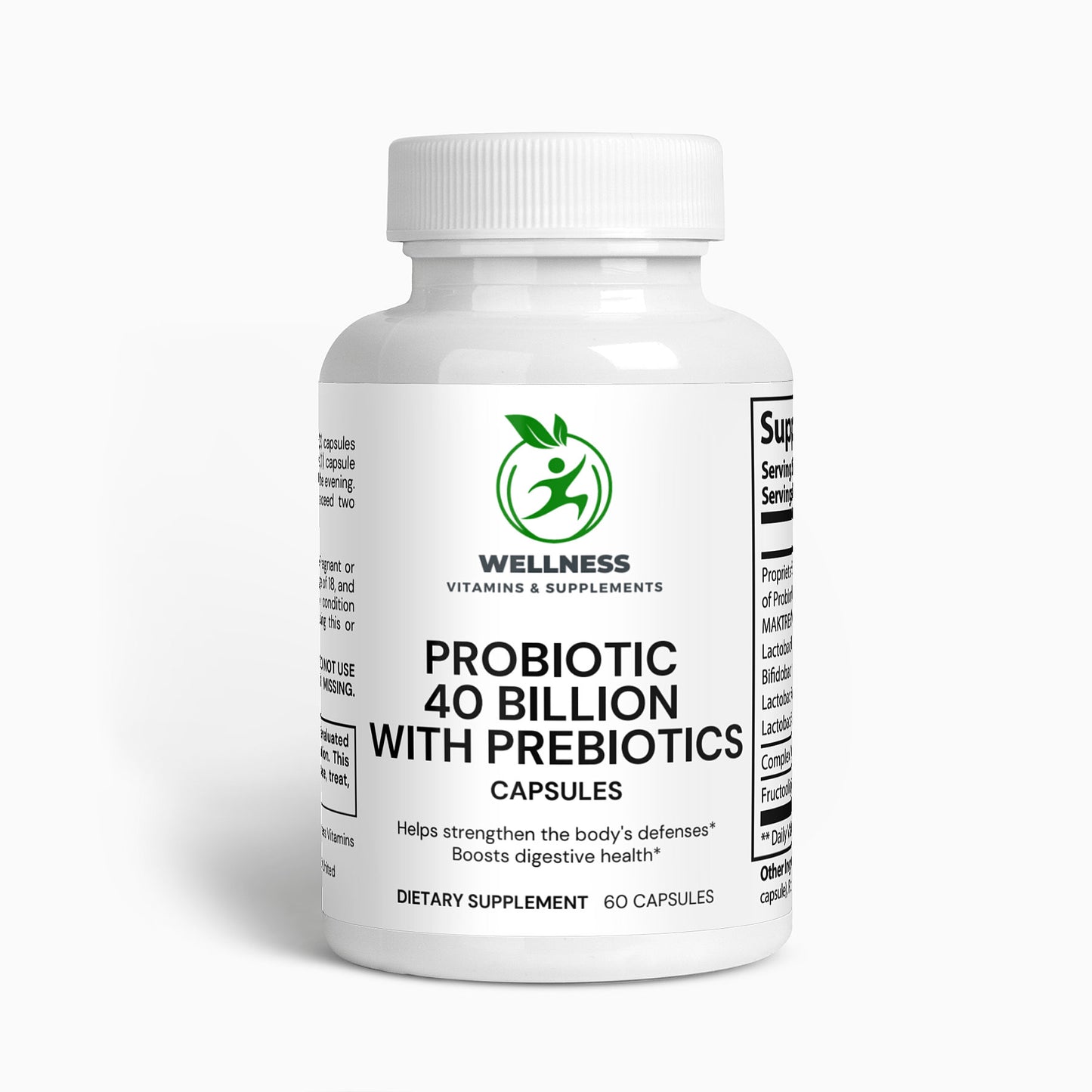 A bottle of Probiotic 40 Billion with Prebiotics capsules next to fresh yogurt and a gut health diagram, highlighting digestive and immune benefits.

