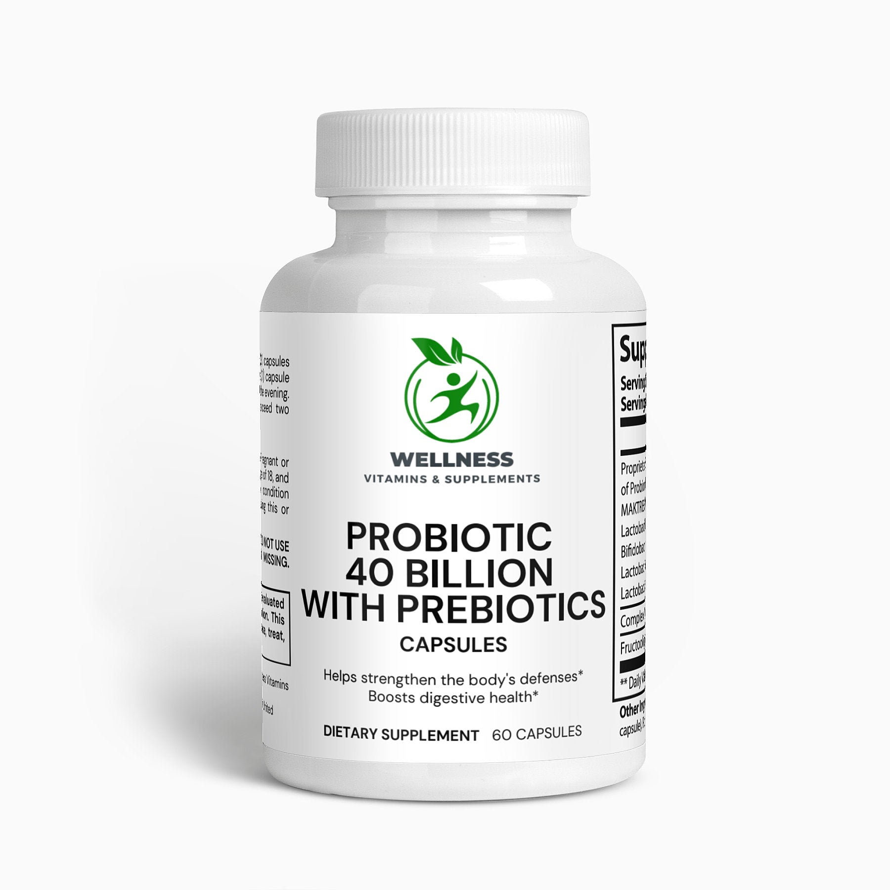 A bottle of Probiotic 40 Billion with Prebiotics capsules next to fresh yogurt and a gut health diagram, highlighting digestive and immune benefits.

