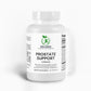 A bottle of Prostate Support capsules next to a smiling, active man, highlighting prostate health benefits.
