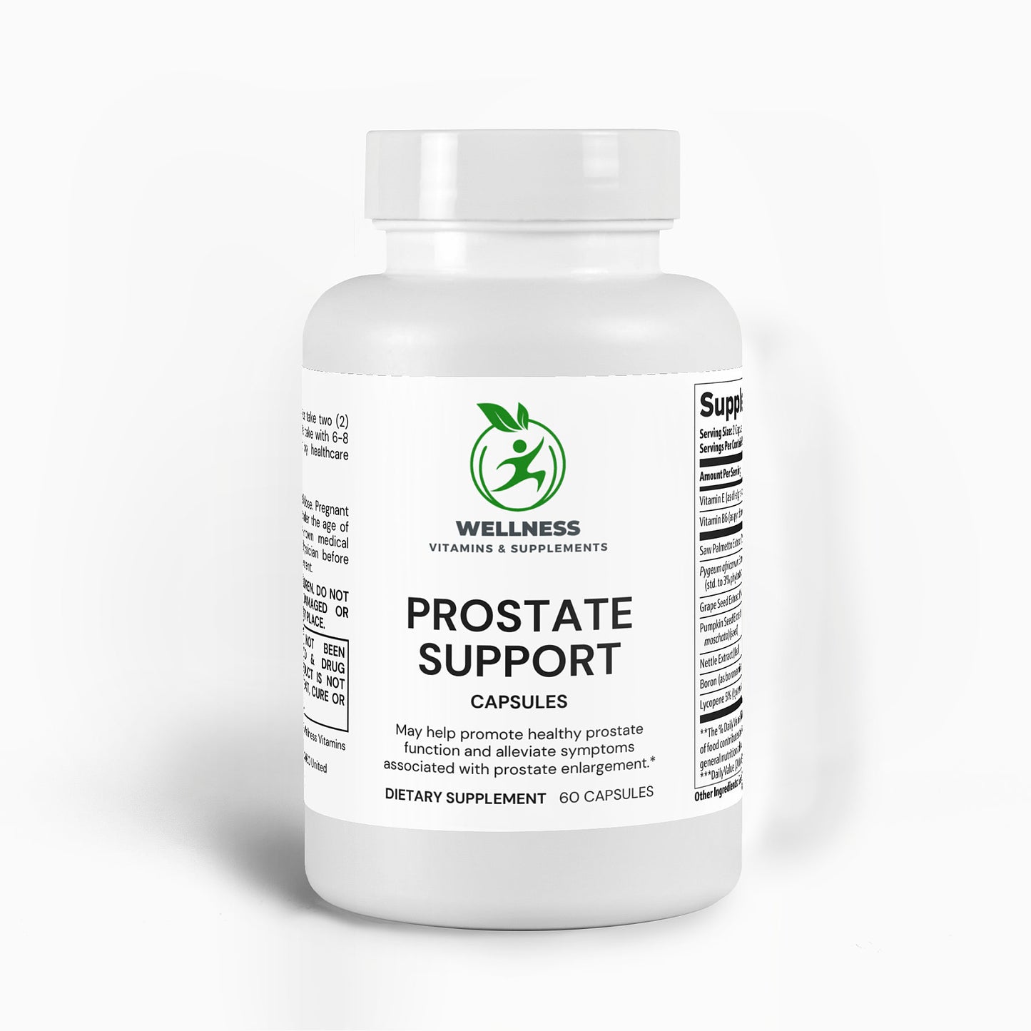 A bottle of Prostate Support capsules next to a smiling, active man, highlighting prostate health benefits.
