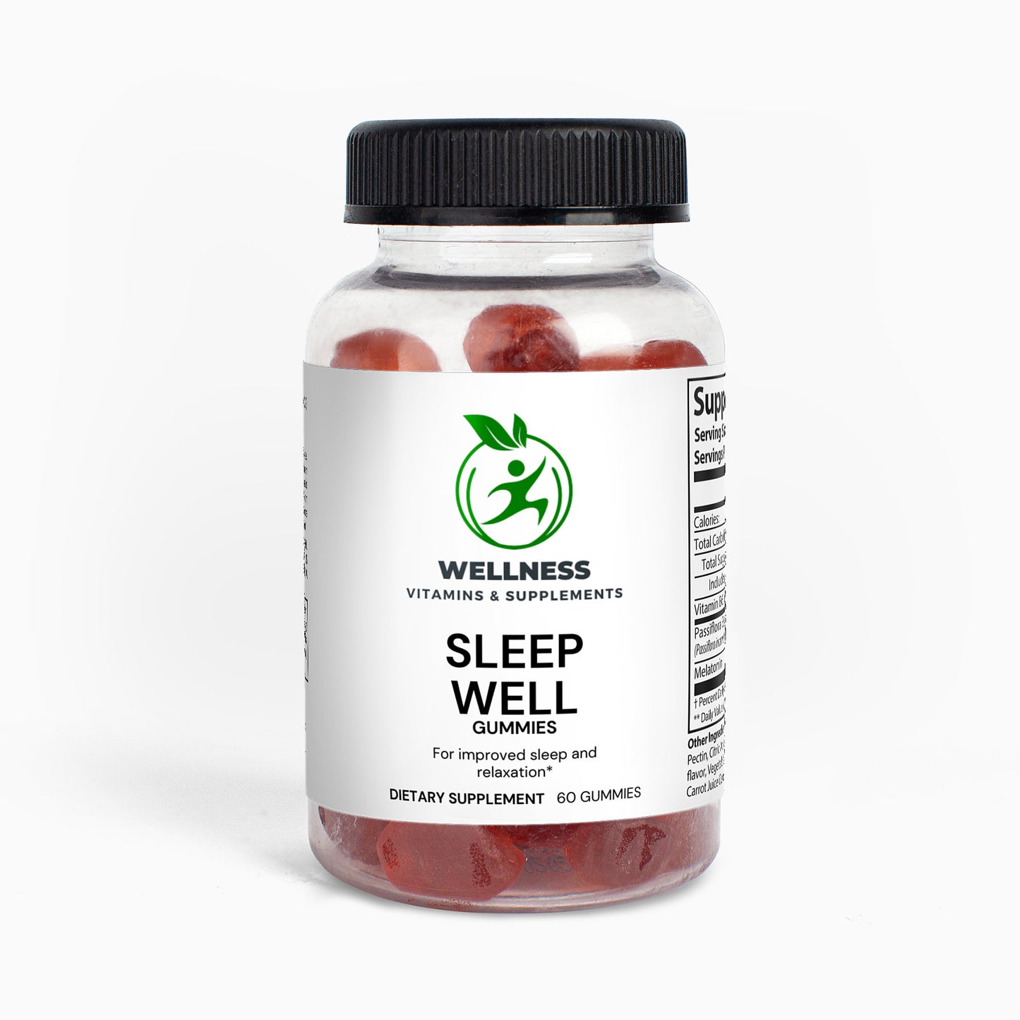 A bottle of Sleep Well Gummies next to a cozy pillow and blanket, highlighting its sleep-enhancing benefits.

