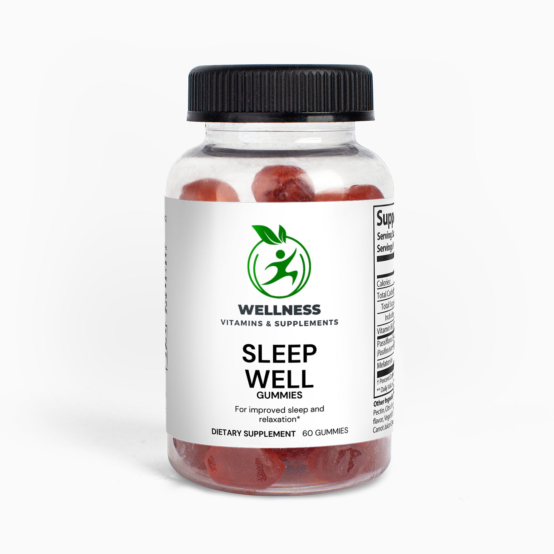 A bottle of Sleep Well Gummies next to a cozy pillow and blanket, highlighting its sleep-enhancing benefits.

