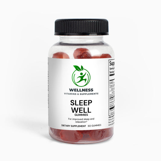 A bottle of Sleep Well Gummies next to a cozy pillow and blanket, highlighting its sleep-enhancing benefits.

