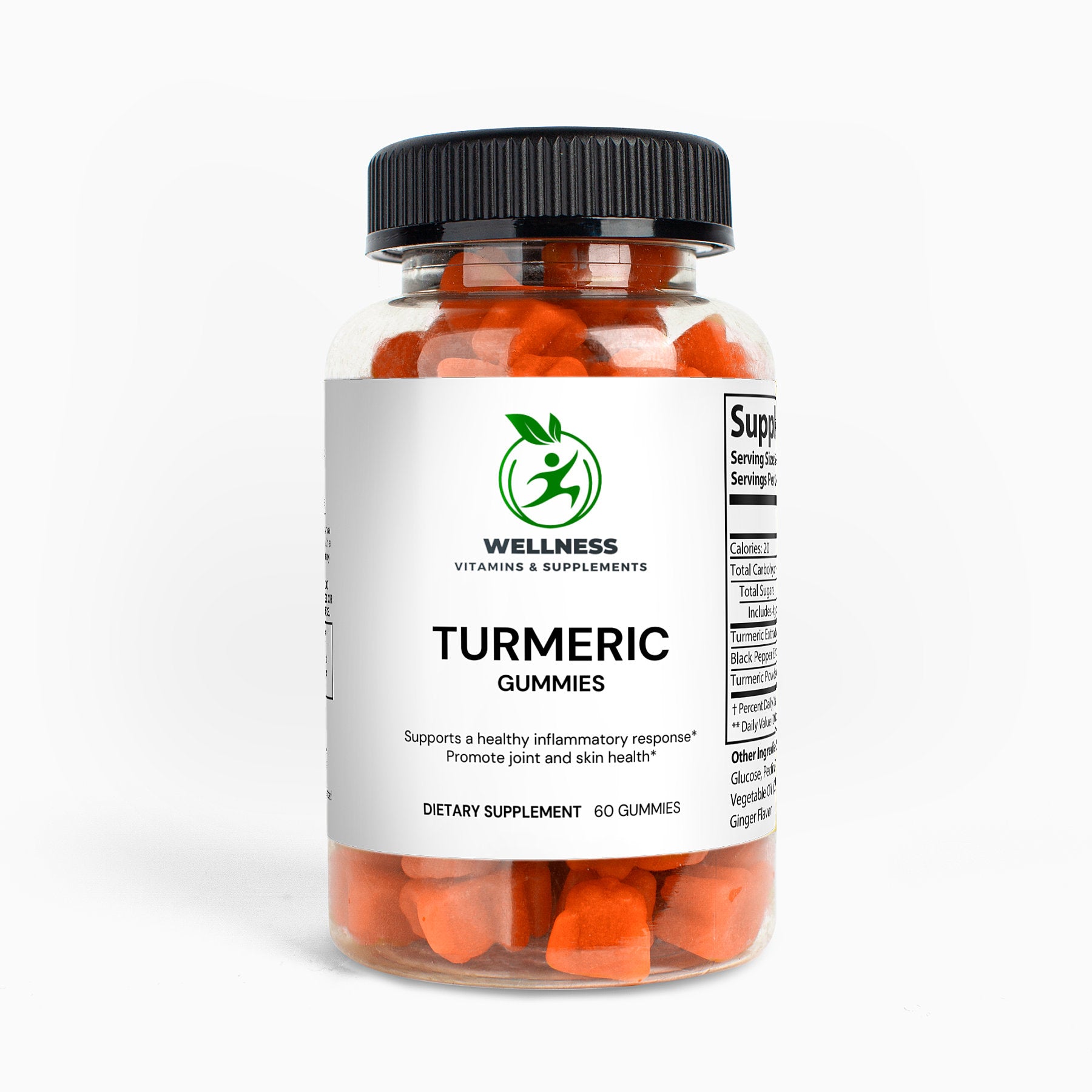 A bottle of Turmeric Gummies next to fresh turmeric roots, highlighting its anti-inflammatory and joint health benefits.

