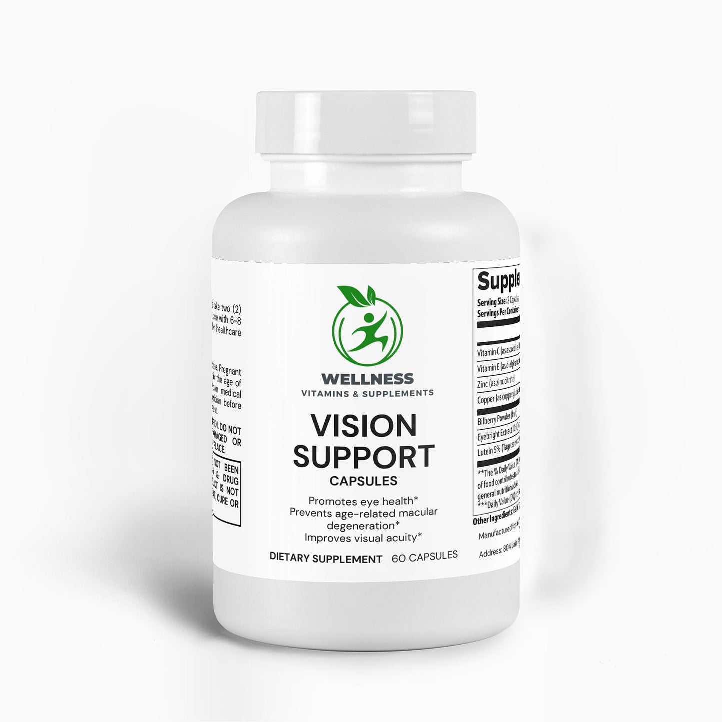 A bottle of Vision Support capsules next to an eye chart and blue light filter glasses, highlighting its benefits for eye health.