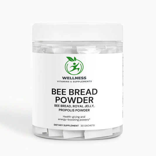 A bowl of Bee Bread Powder next to fresh honeycomb and pollen granules, highlighting its immune-boosting and energy-enhancing benefits.

