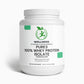 A container of Pure3 100% Whey Protein Isolate (Chocolate) with a scoop of rich chocolate protein powder for muscle recovery and fitness support.