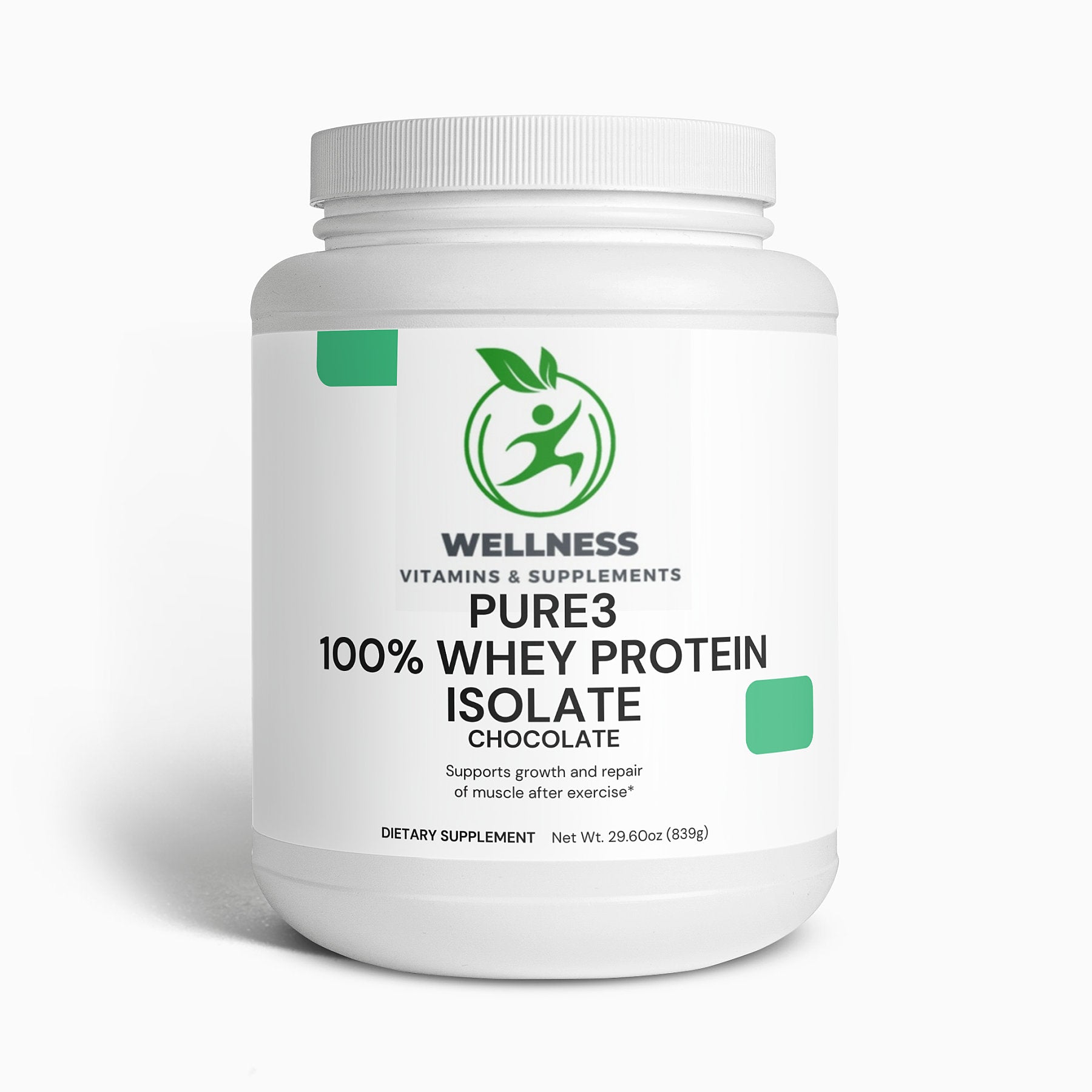 A container of Pure3 100% Whey Protein Isolate (Chocolate) with a scoop of rich chocolate protein powder for muscle recovery and fitness support.
