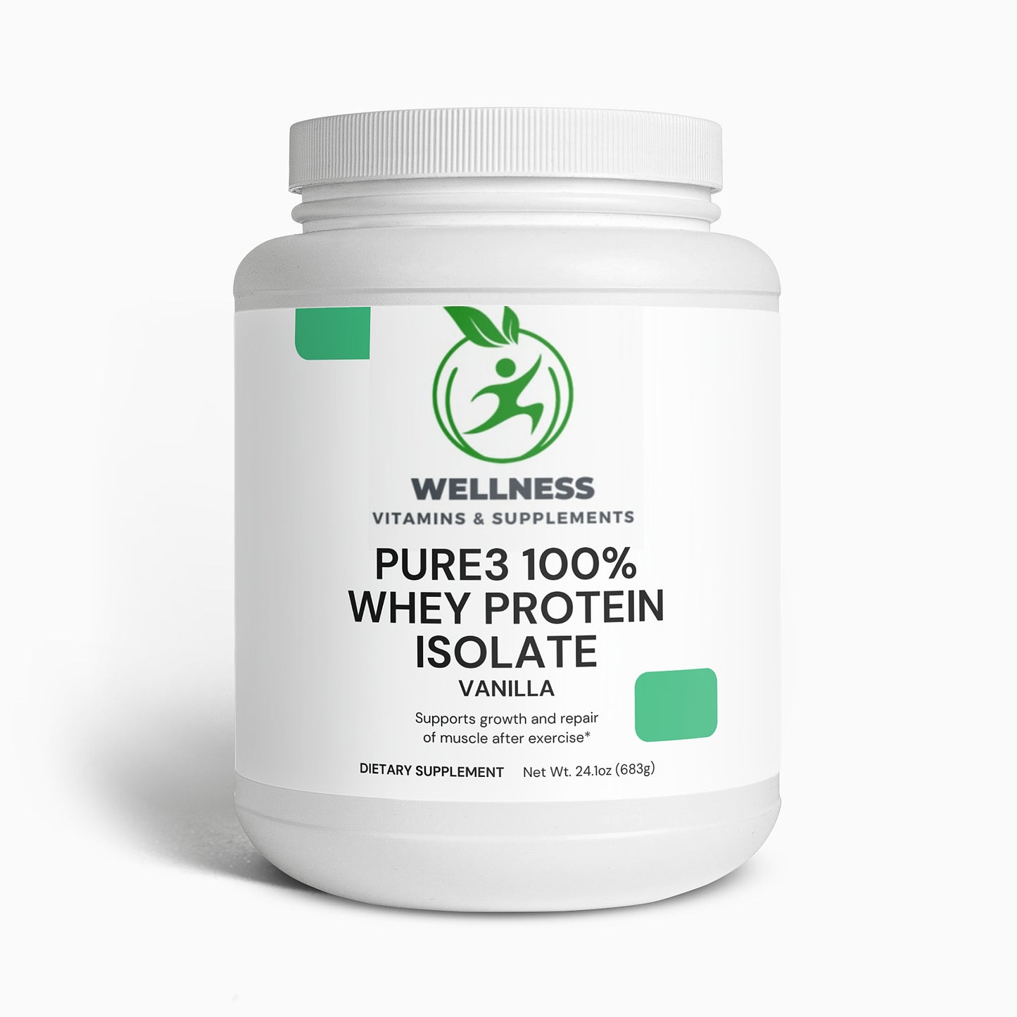 A container of Pure3 100% Whey Protein Isolate (Vanilla) with a scoop of protein powder, perfect for muscle growth and recovery.
