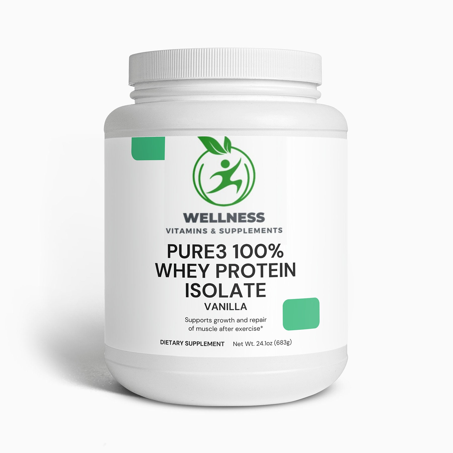 A container of Pure3 100% Whey Protein Isolate (Vanilla) with a scoop of protein powder, perfect for muscle growth and recovery.