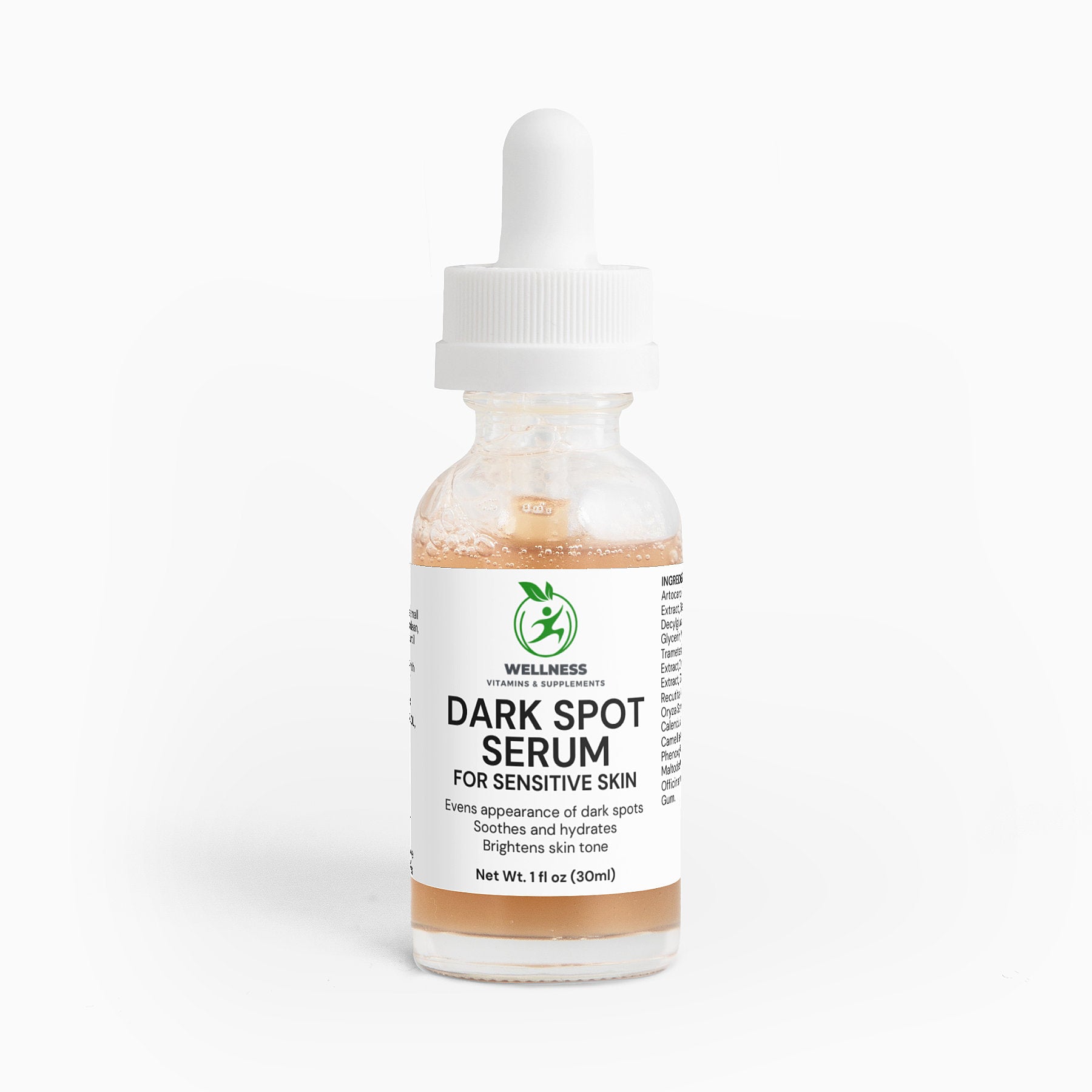 A dropper bottle of Dark Spot Serum for Sensitive Skin with a smooth, lightweight texture, designed for gentle brightening and hydration.