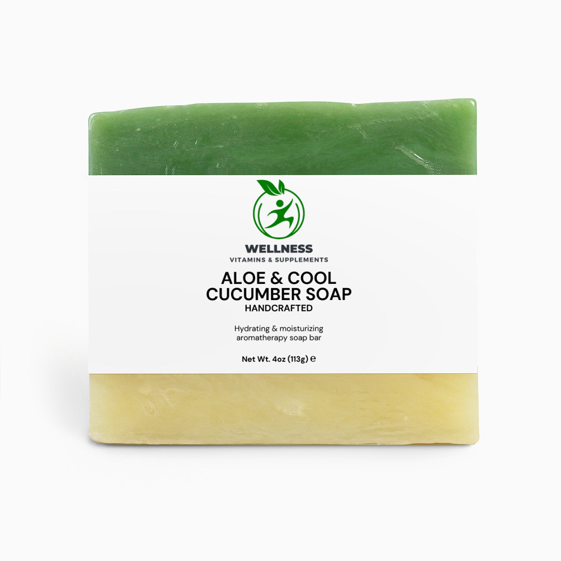 A fresh Aloe & Cool Cucumber Soap bar with aloe leaves and cucumber slices beside it, symbolizing hydration and skin soothing.
