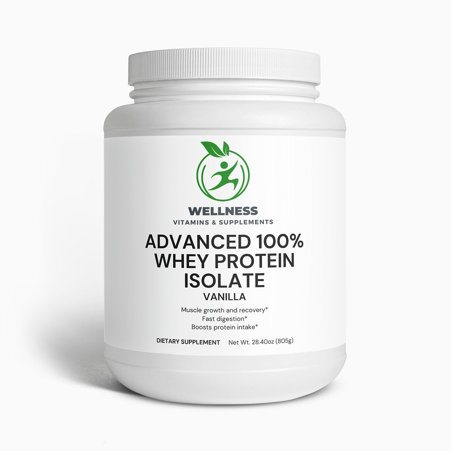 A jar of Advanced 100% Whey Protein Isolate (Vanilla) next to a protein shake, symbolizing high-quality protein for muscle recovery and performance.