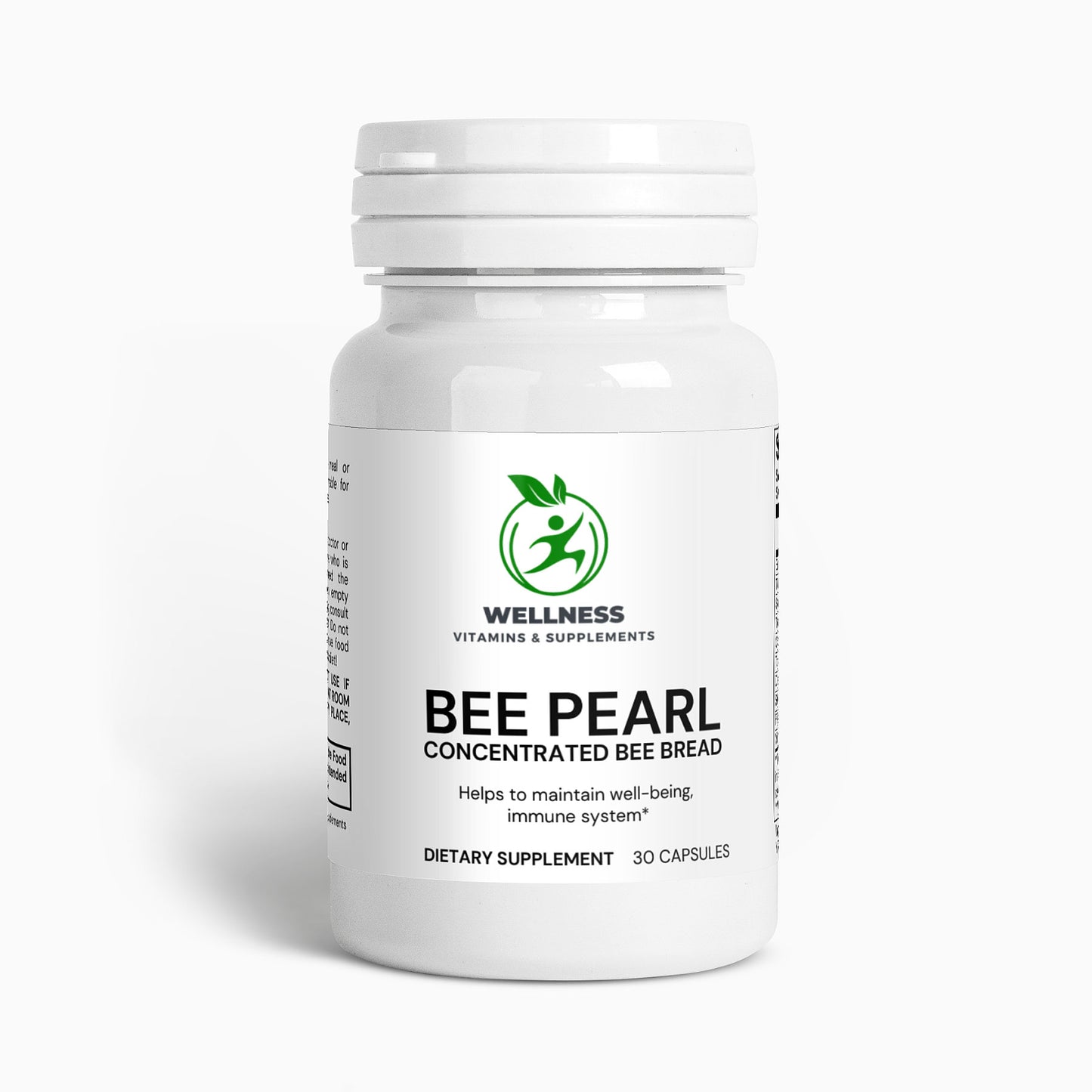 A jar of Bee Pearl capsules next to honey, bee bread, and propolis, highlighting its immune-boosting and energy-enhancing benefits.

