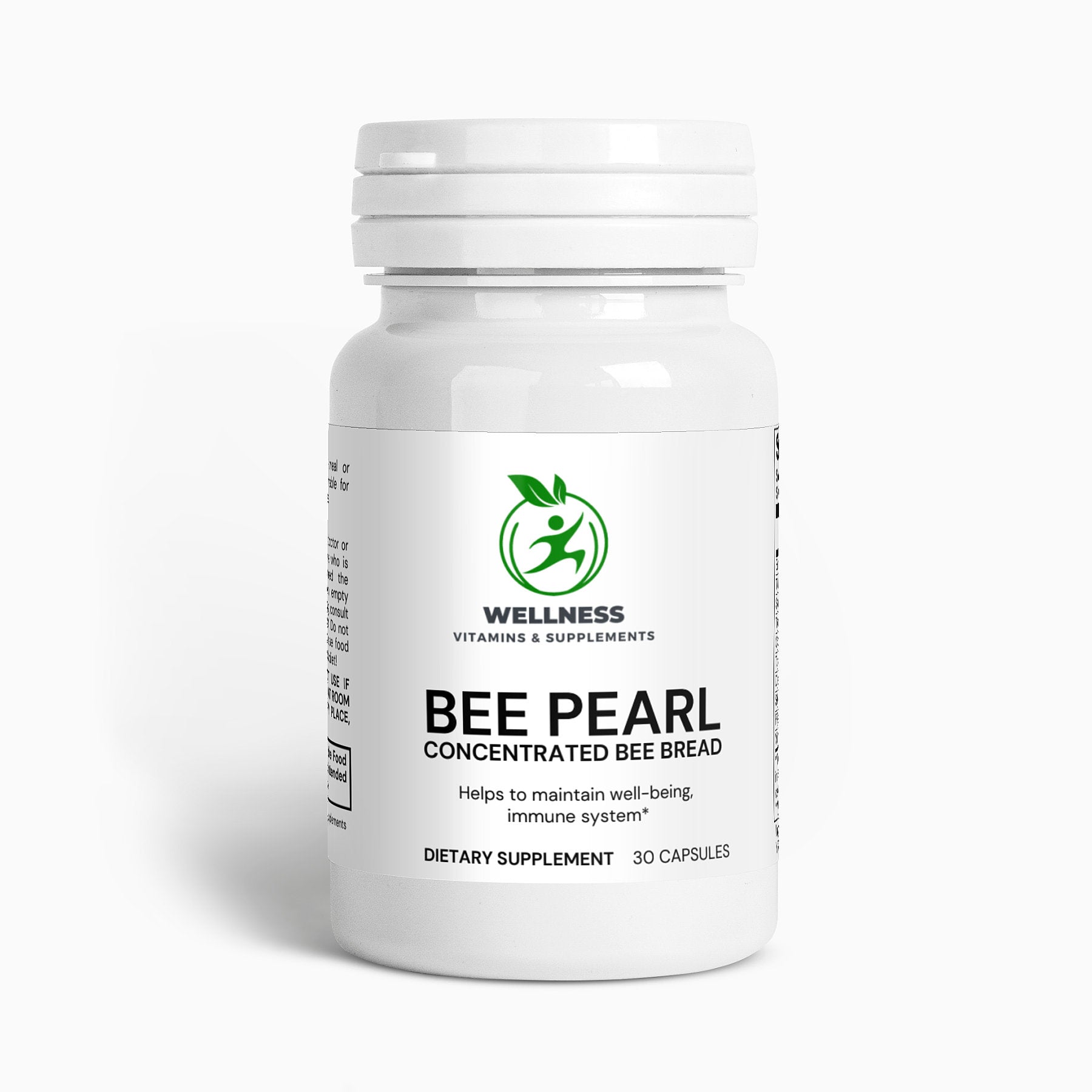 A jar of Bee Pearl capsules next to honey, bee bread, and propolis, highlighting its immune-boosting and energy-enhancing benefits.

