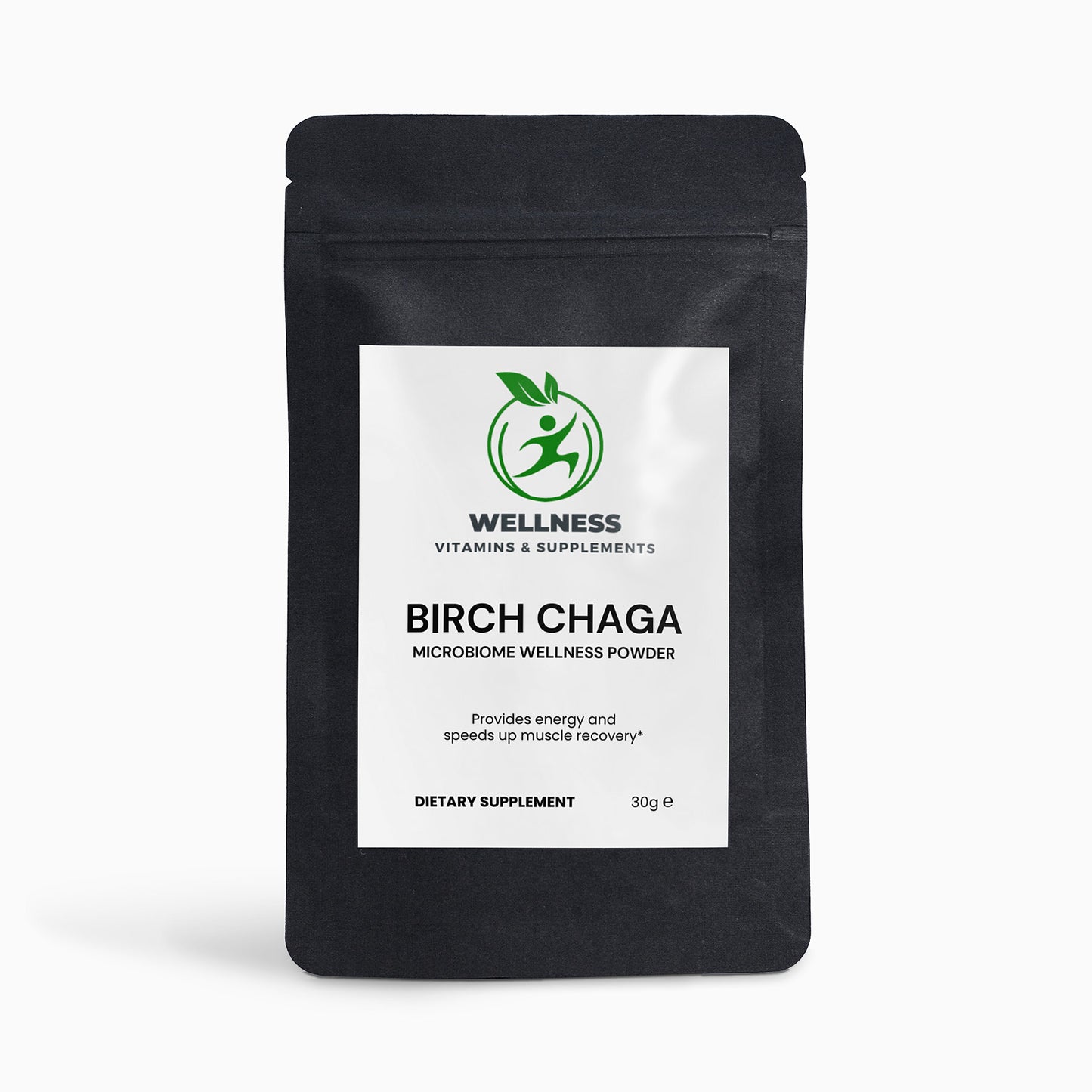 A jar of Birch Chaga Microbiome Wellness Powder next to dried Chaga mushrooms and a cup of tea, highlighting its gut health and immune-boosting benefits.

