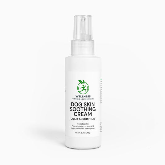 A jar of Dog Skin Soothing Cream next to a relaxed dog, highlighting relief from dry and irritated skin.

