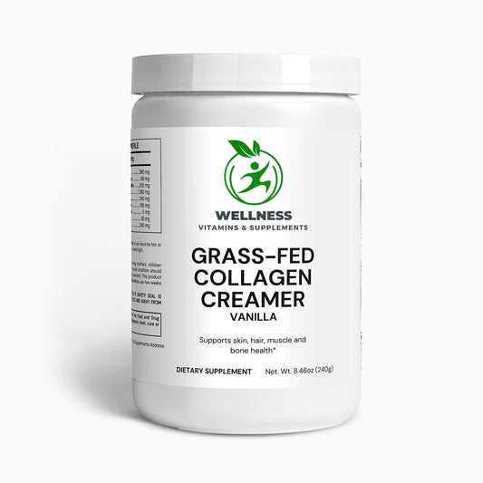 A jar of Grass-Fed Collagen Creamer (Vanilla) next to a cup of coffee, symbolizing a creamy, nutritious boost for daily wellness.

