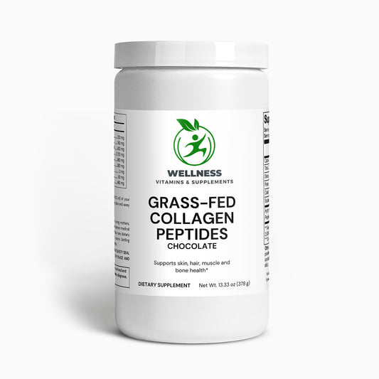A jar of Grass-Fed Collagen Peptides Powder (Chocolate) next to a chocolate smoothie, symbolizing a tasty and nutritious way to support wellness.

