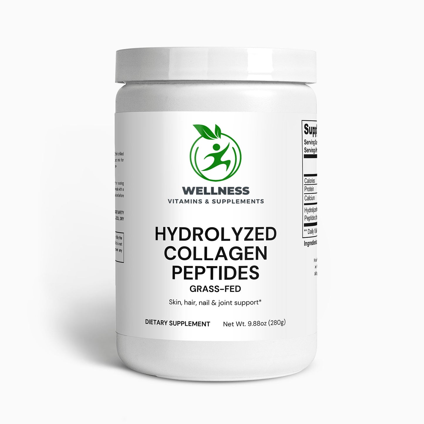 A jar of Grass-Fed Hydrolyzed Collagen Peptides next to a cup of coffee, symbolizing an easy way to support skin, hair, and joint health.