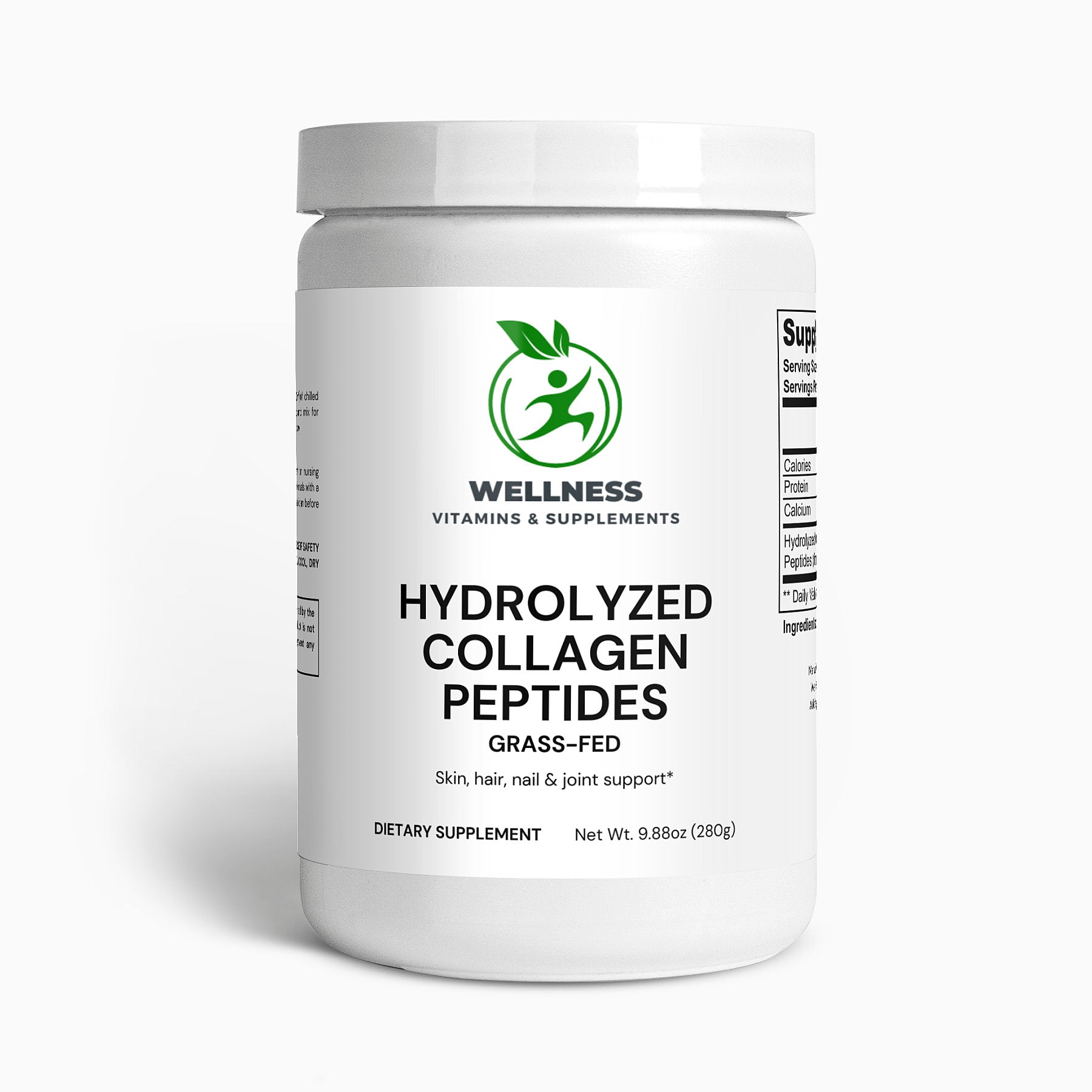 A jar of Grass-Fed Hydrolyzed Collagen Peptides next to a cup of coffee, symbolizing an easy way to support skin, hair, and joint health.