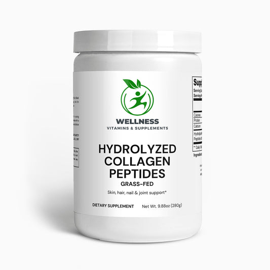 A jar of Grass-Fed Hydrolyzed Collagen Peptides next to a cup of coffee, symbolizing an easy way to support skin, hair, and joint health.