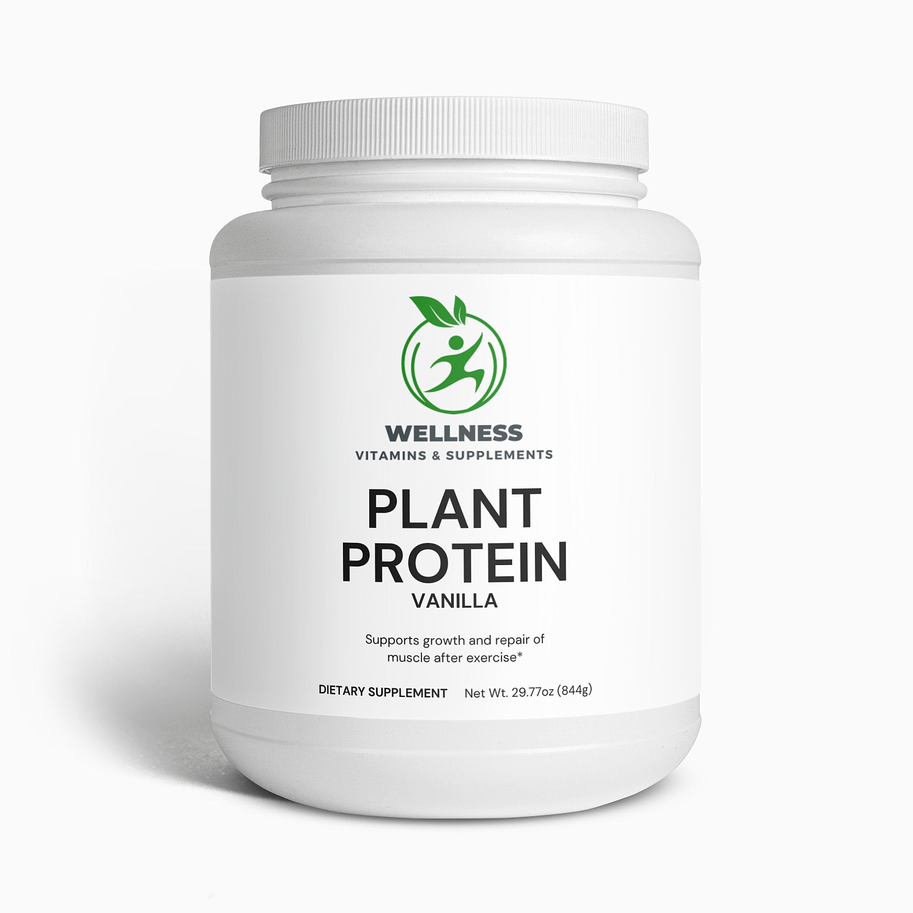 A jar of Plant Protein (Vanilla) next to a smoothie, symbolizing a clean, plant-based protein source for daily nutrition.