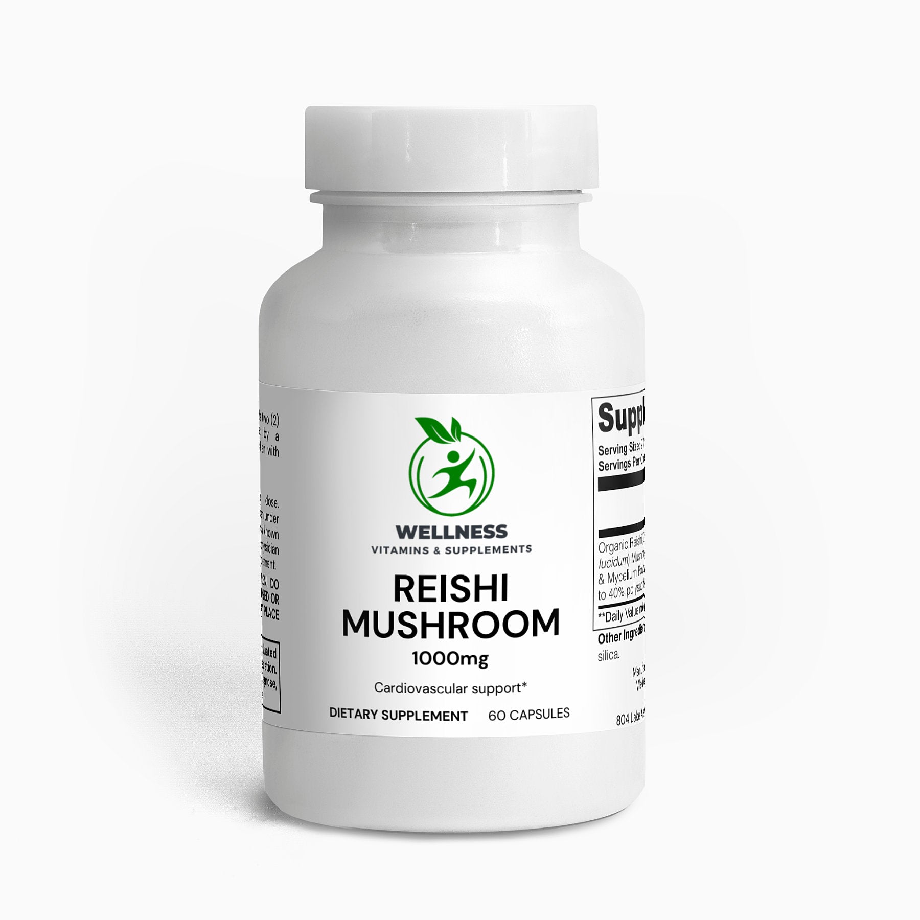 A jar of Reishi Mushroom supplement next to dried Reishi mushrooms, highlighting its immune-boosting and stress-relief benefits.

