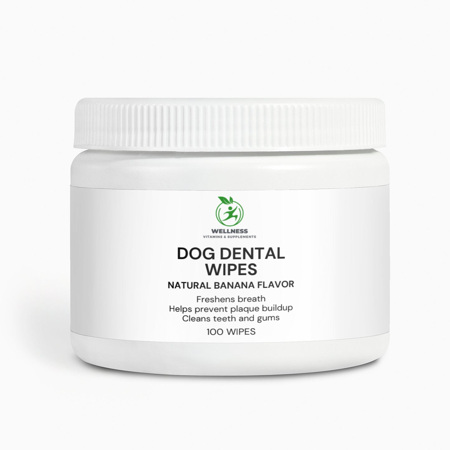 A pack of Dog Dental Wipes next to a smiling dog, highlighting its plaque-removing and breath-freshening benefits.
