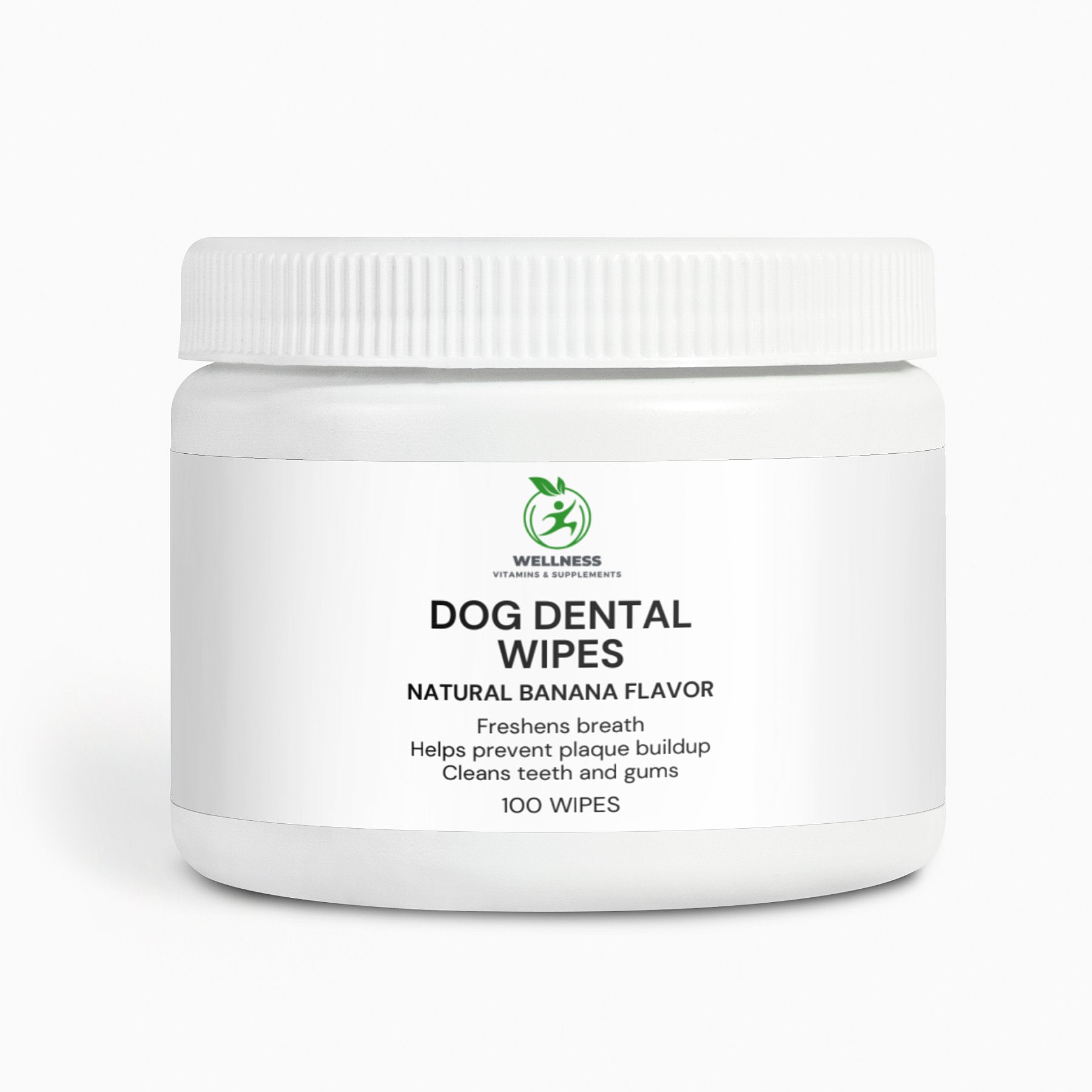 A pack of Dog Dental Wipes next to a smiling dog, highlighting its plaque-removing and breath-freshening benefits.