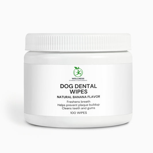 A pack of Dog Dental Wipes next to a smiling dog, highlighting its plaque-removing and breath-freshening benefits.