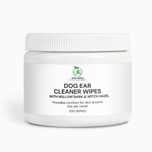 A pack of Dog Ear Cleaner Wipes next to a happy dog with clean ears, highlighting its ear-cleaning and soothing benefits.