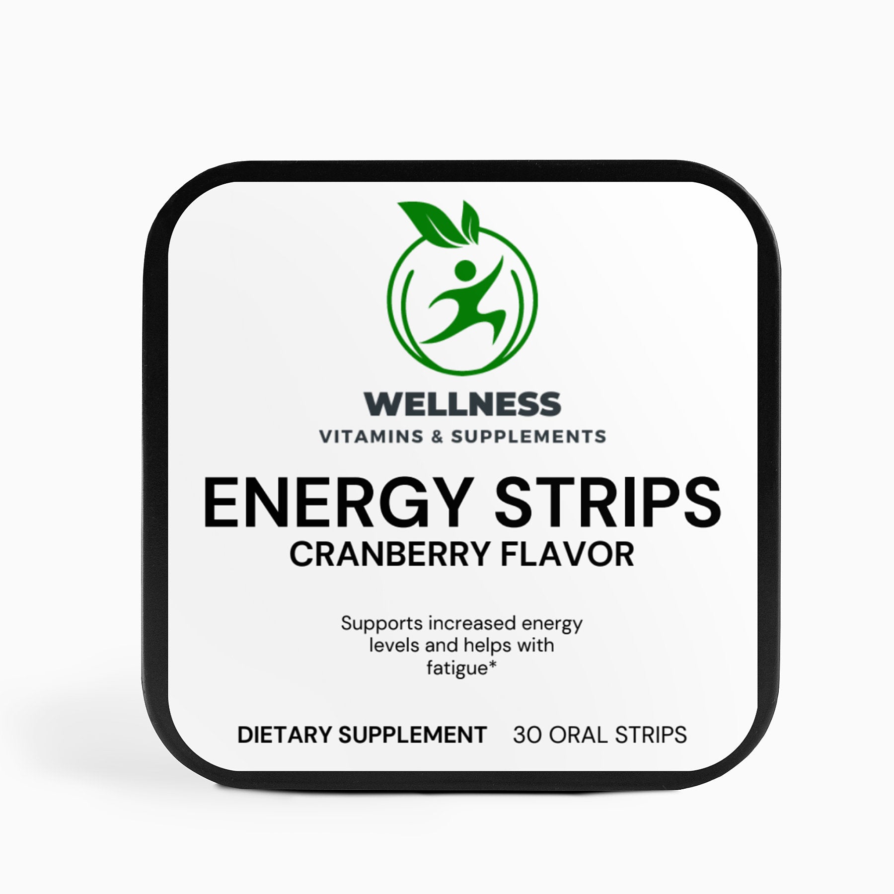 A pack of Energy Strips with one strip dissolving on the tongue, symbolizing quick energy and focus.