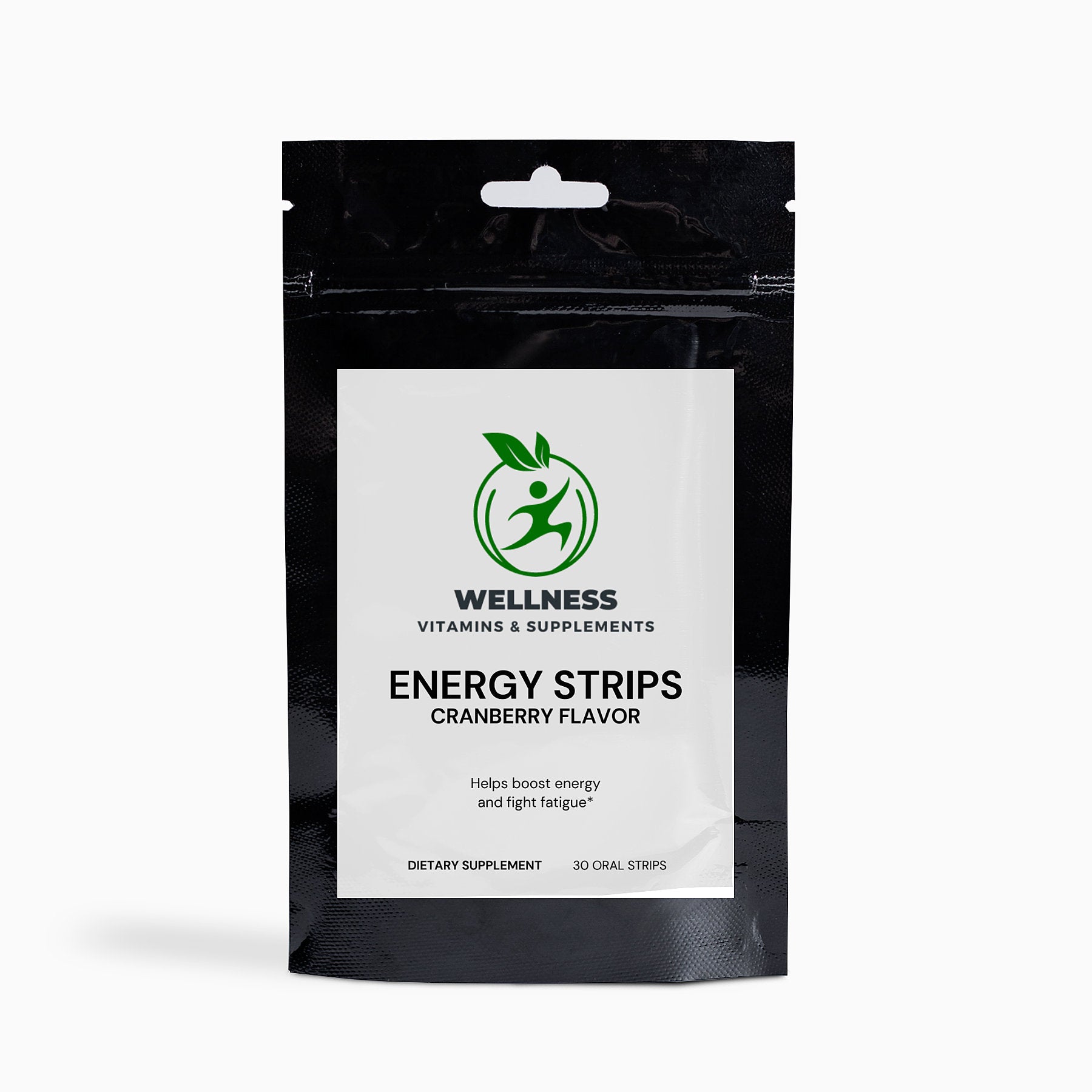 A pack of Energy Strips with one strip dissolving on the tongue, symbolizing quick energy and focus.