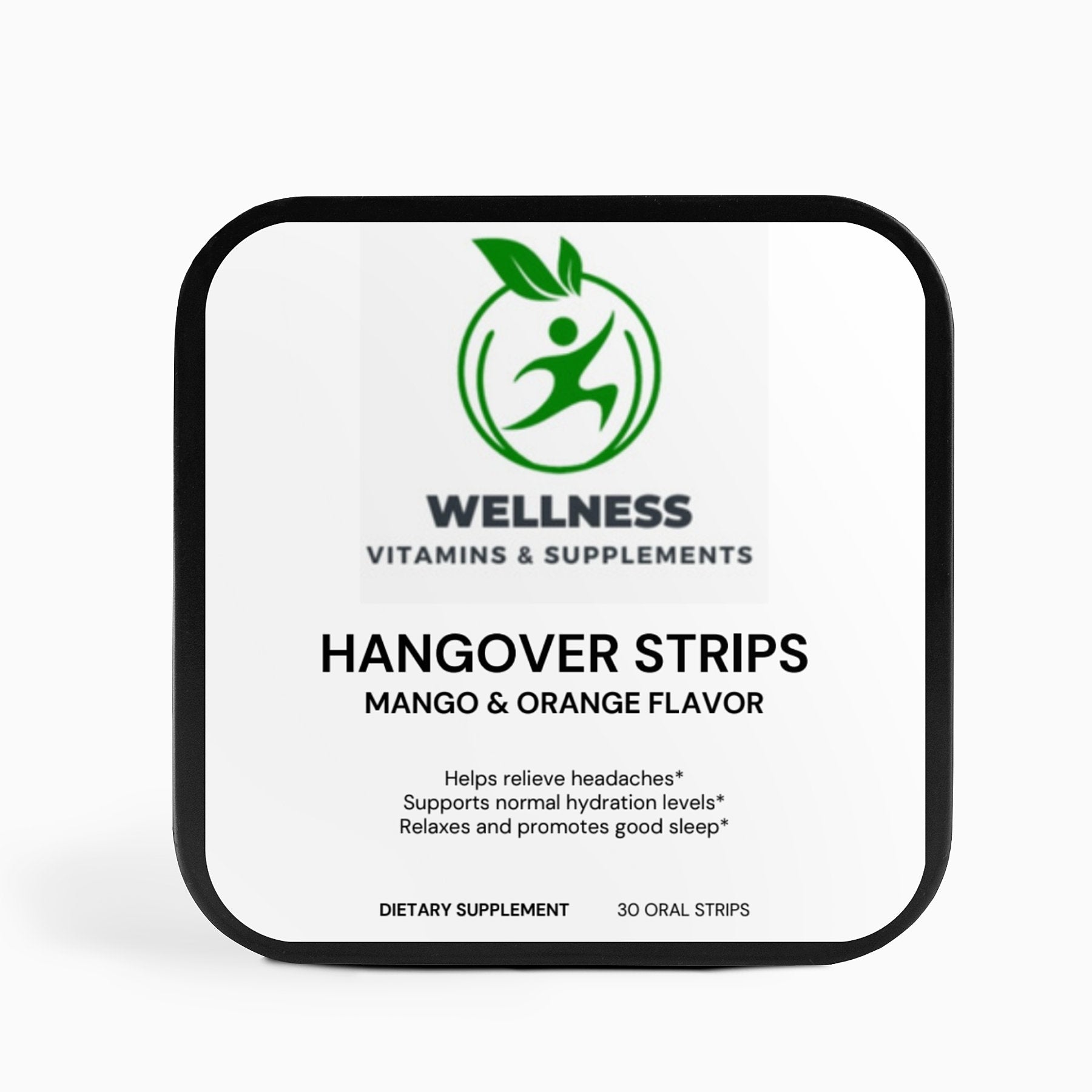 A pack of Hangover Strips with a single strip dissolving on the tongue, providing quick relief from hangover symptoms.